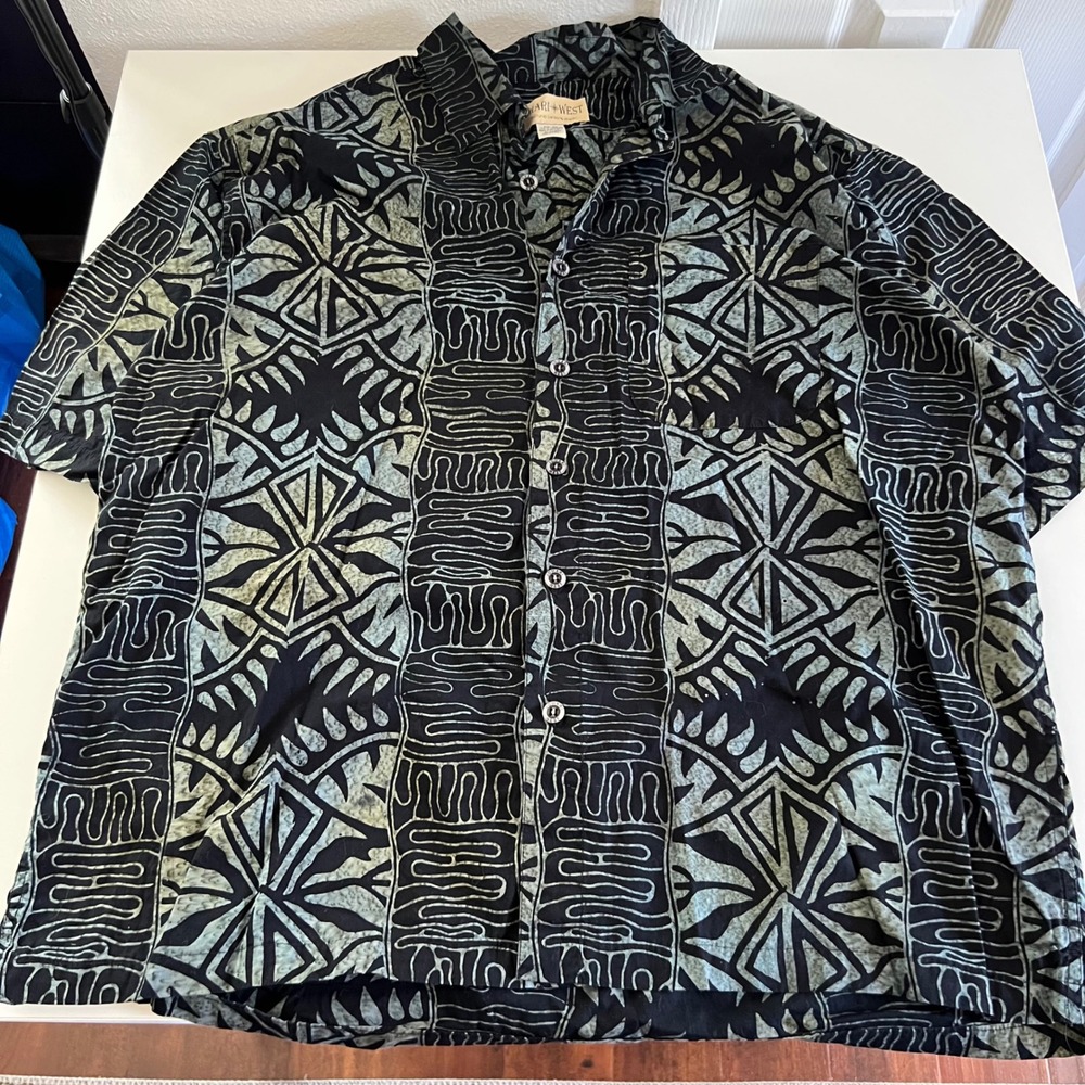 Vintage Johari West Mens XL‎ Hawaiian Shirt Black Cotton Natural Leisure Wear